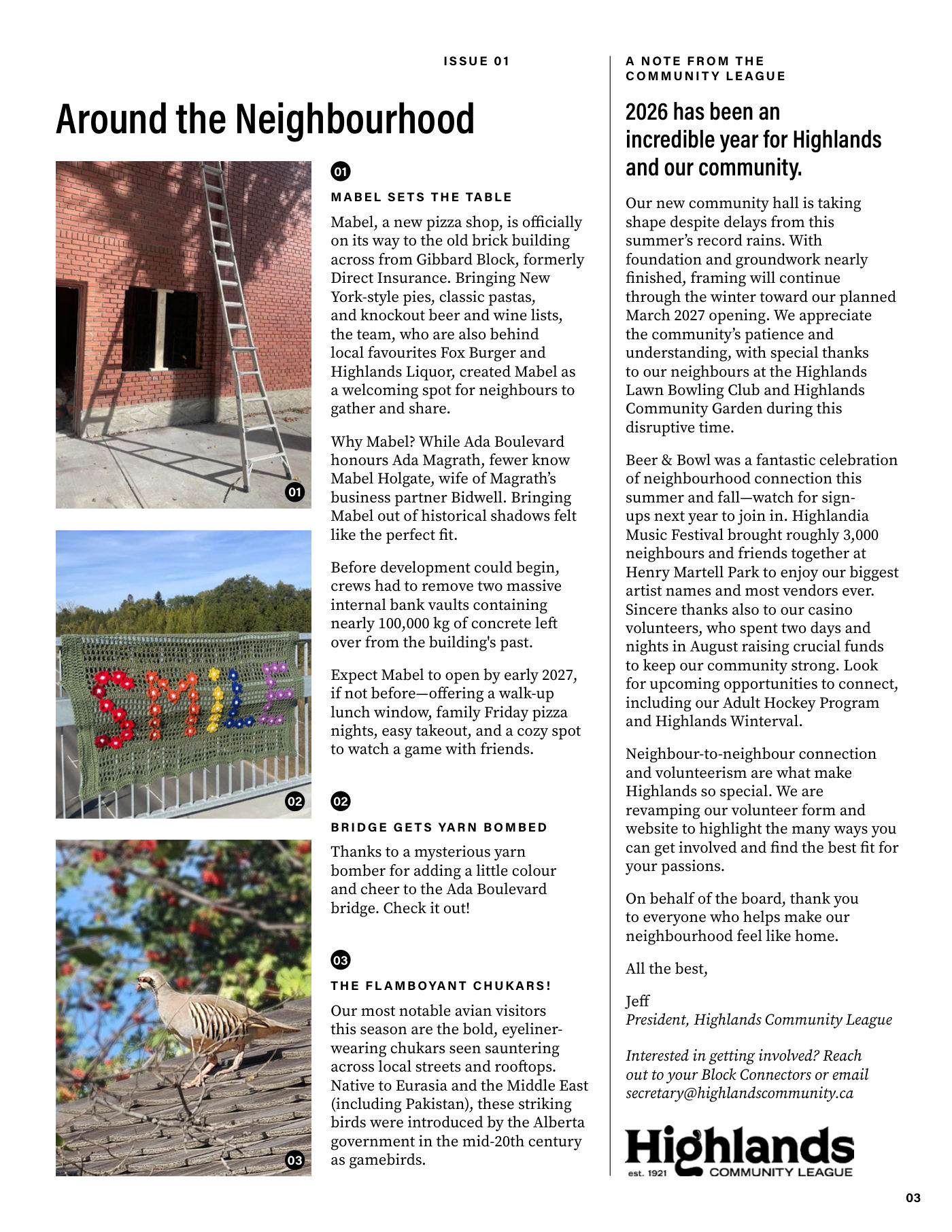 Page 3 of The Highlandian, Issue 001. Around the Neighbourhood: Mabel pizza shop, the yarn-bombed Ada Boulevard bridge, chukars; a note from the Highlands Community League.