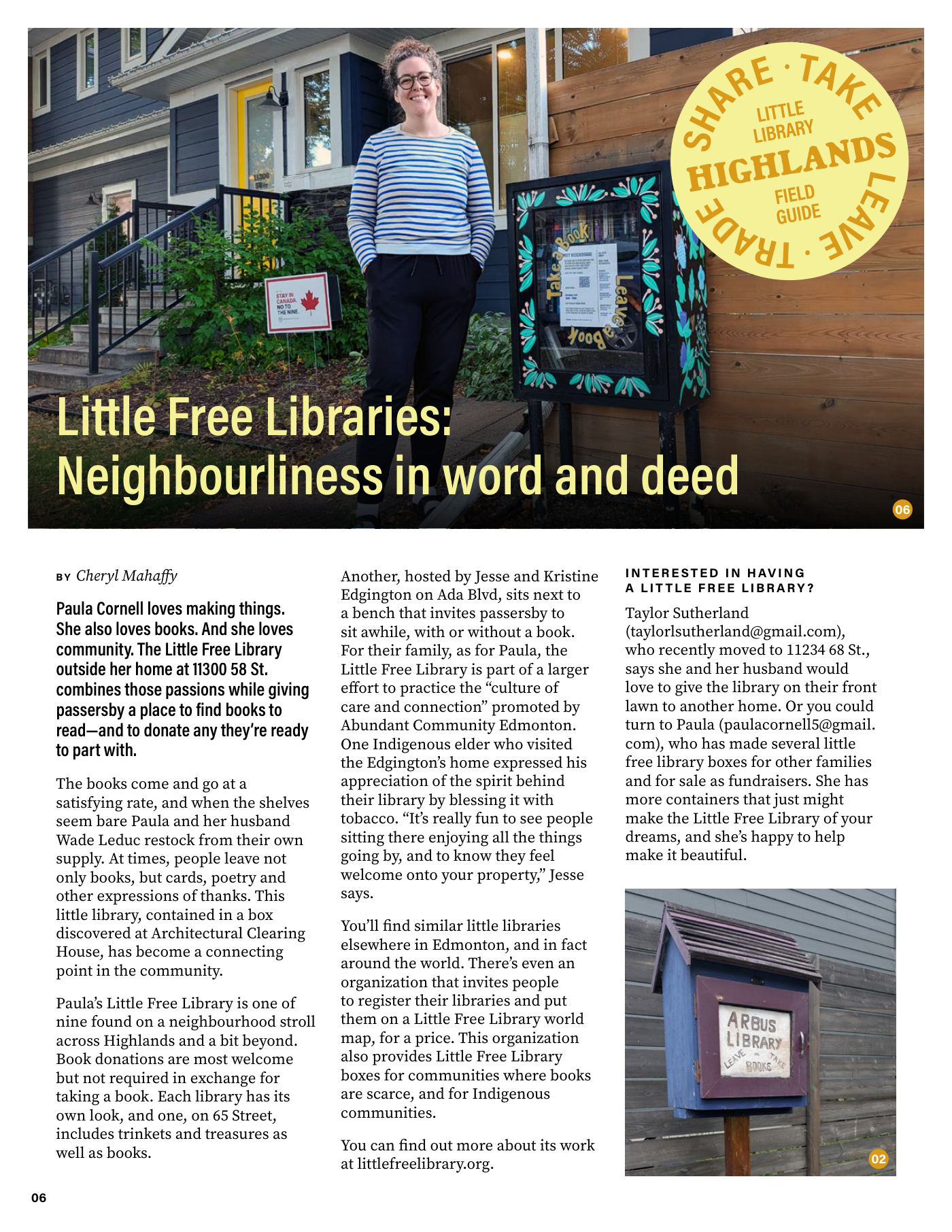 Page 6 of The Highlandian, Issue 001. Little Free Libraries: Neighbourliness in word and deed, by Cheryl Mahaffy.