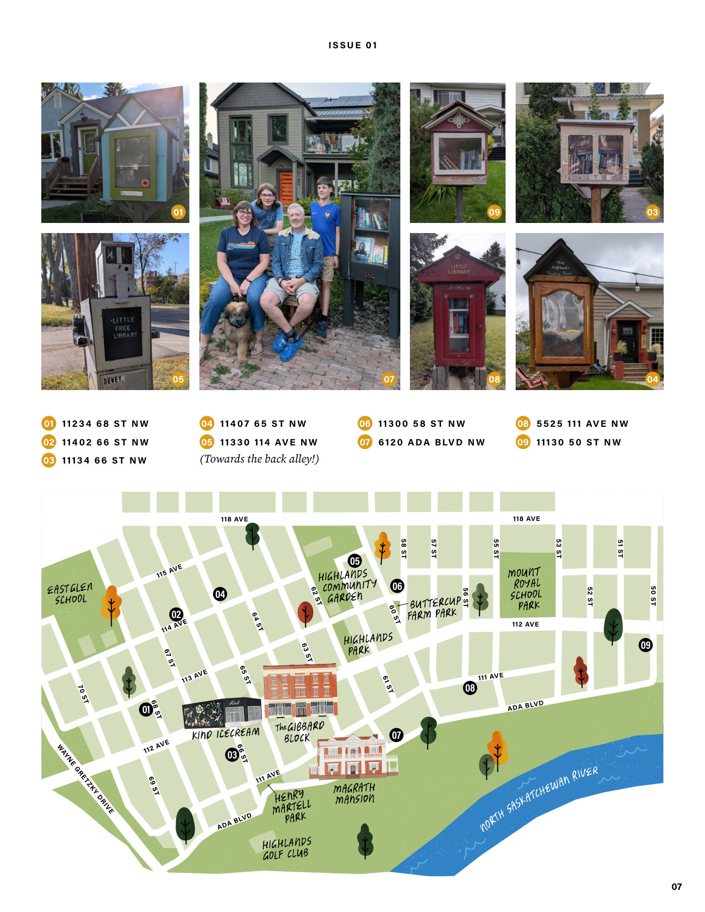 Page 7 of The Highlandian, Issue 001. Map of nine Little Free Libraries in Highlands and nearby.