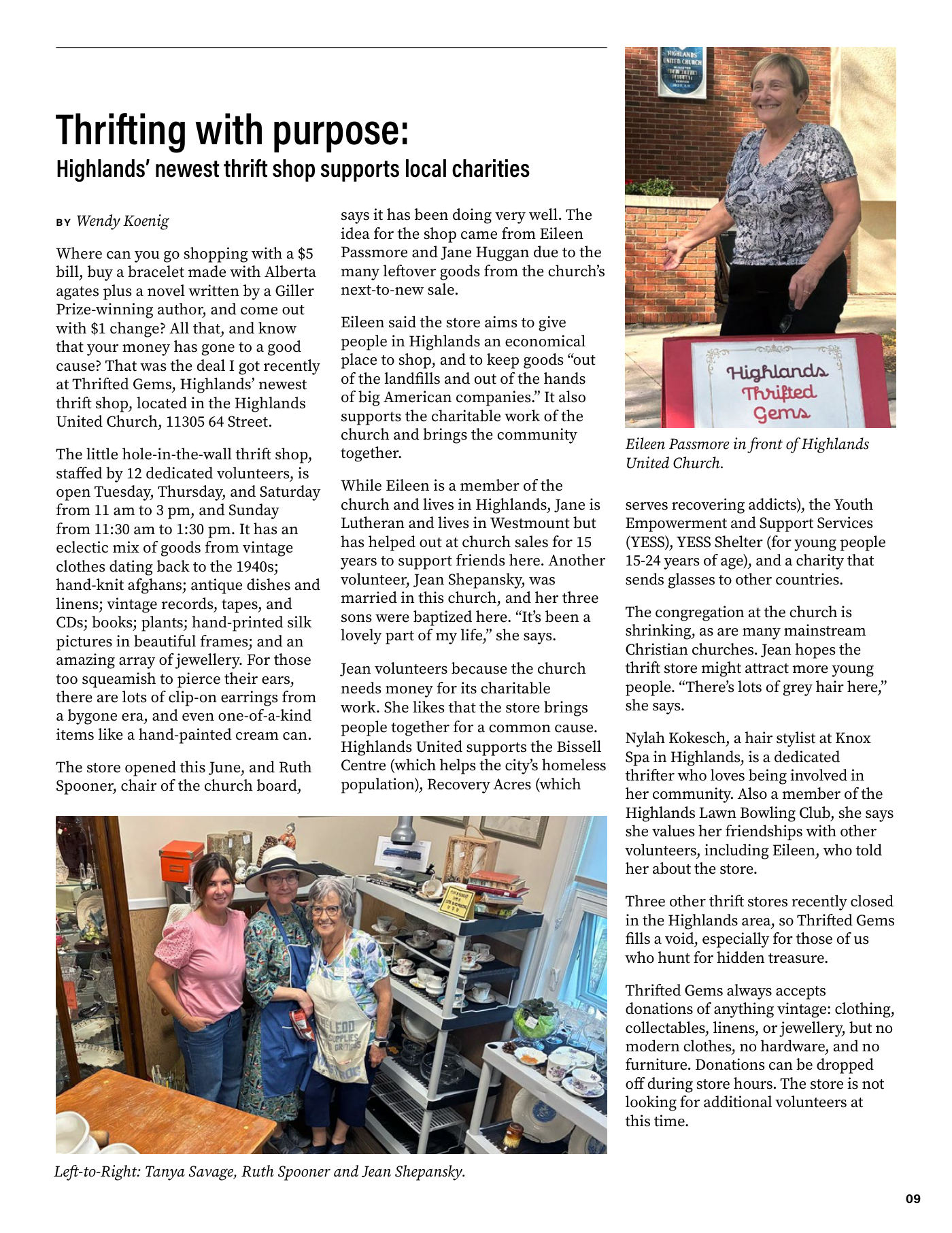 Page 9 of The Highlandian, Issue 001. Thrifting with purpose: Thrifted Gems at Highlands United Church, by Wendy Koenig.